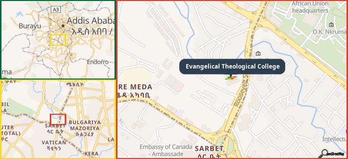 Map showing the address of Evangelical Theological College in three different zoom levels.