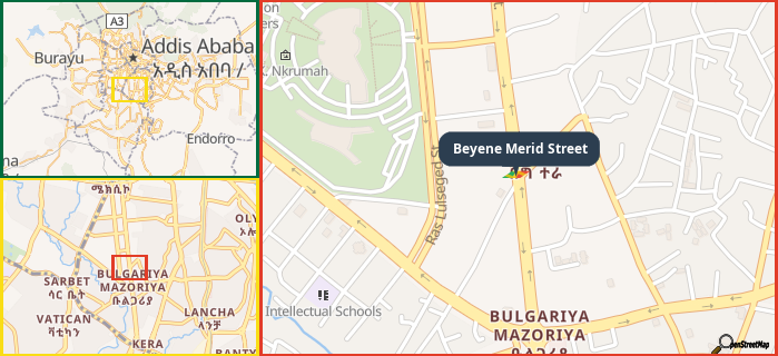 Map showing the address of Beyene Merid Street in three different zoom levels.