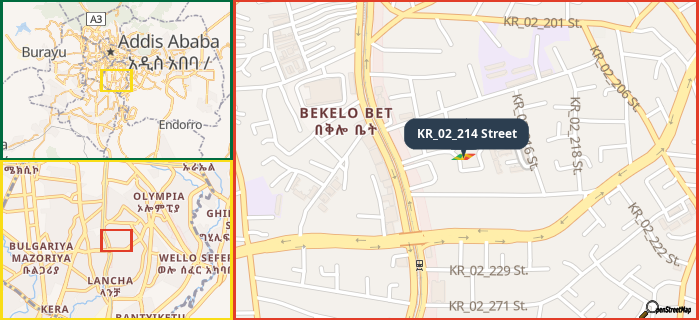 Map showing the address of KR_02_214 Street in three different zoom levels.