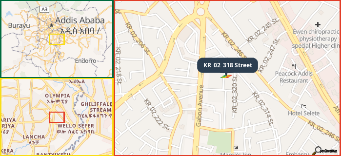 Map showing the address of KR_02_318 Street in three different zoom levels.