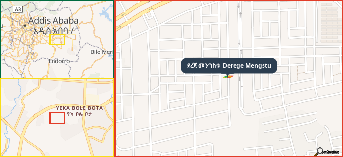 Map showing the address of ደረጀ መንግስቱ  Derege Mengstu in three different zoom levels.