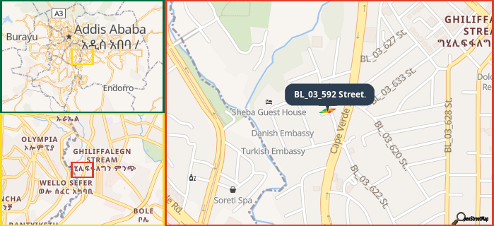 Map showing the address of BL_03_592 Street. in three different zoom levels.