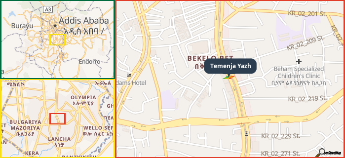 Map showing the address of Temenja Yazh in three different zoom levels.