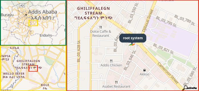 Map showing the address of root system in three different zoom levels.