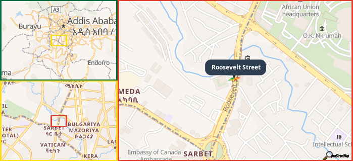 Map showing the address of Roosevelt Street in three different zoom levels.