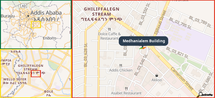 Map showing the address of Medhanialem Building in three different zoom levels.