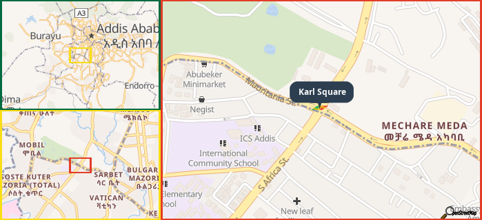 Map showing the address of Karl Square in three different zoom levels.