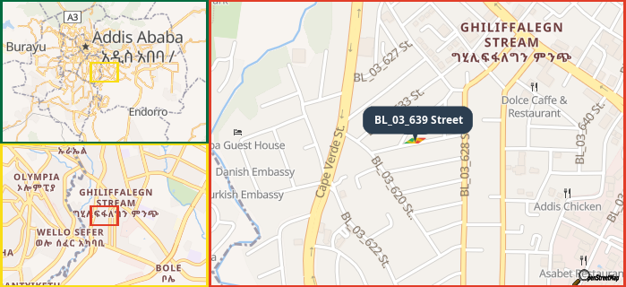 Map showing the address of BL_03_639 Street in three different zoom levels.