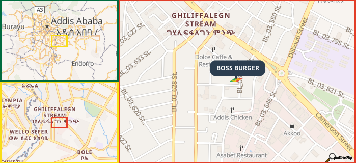 Map showing the address of BOSS BURGER in three different zoom levels.