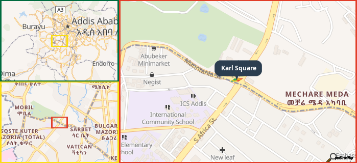 Map showing the address of Karl Square in three different zoom levels.