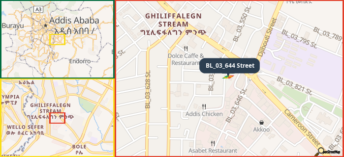 Map showing the address of BL_03_644 Street in three different zoom levels.