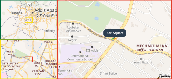 Map showing the address of Karl Square in three different zoom levels.