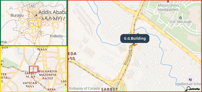 Map showing the address of G.G.Building in three different zoom levels.