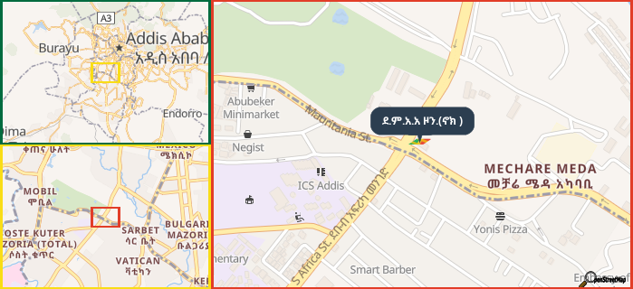 Map showing the address of ደ.ም.አ.አ ዞን.(ኖክ ) in three different zoom levels.