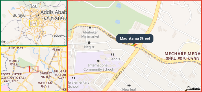 Map showing the address of Mauritania Street in three different zoom levels.