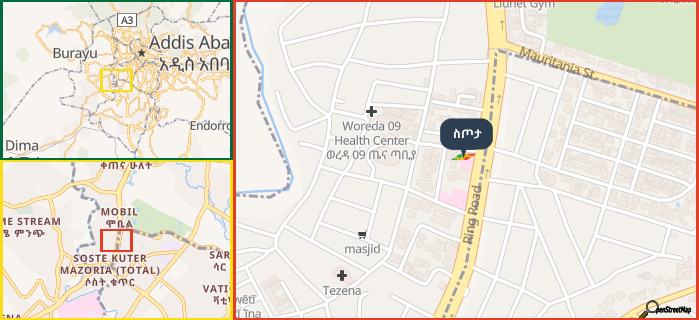 Map showing the address of ስጦታ in three different zoom levels.