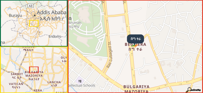 Map showing the address of በግ ተራ in three different zoom levels.