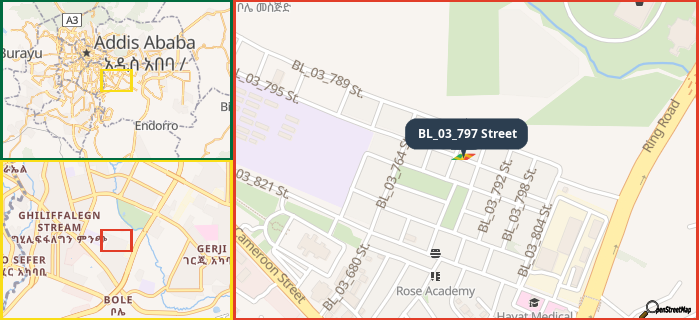 Map showing the address of BL_03_797 Street in three different zoom levels.