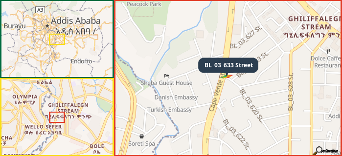 Map showing the address of BL_03_633 Street in three different zoom levels.