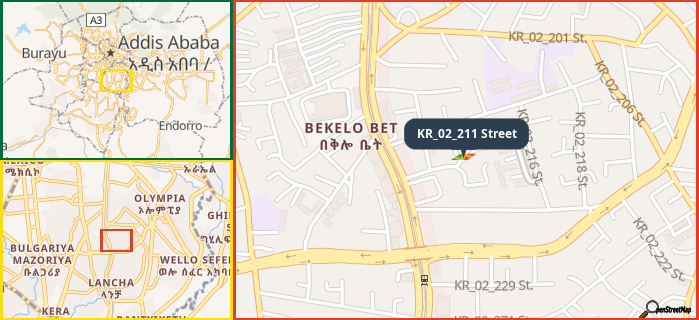 Map showing the address of KR_02_211 Street in three different zoom levels.