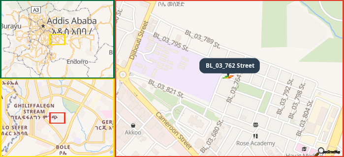 Map showing the address of BL_03_762 Street in three different zoom levels.