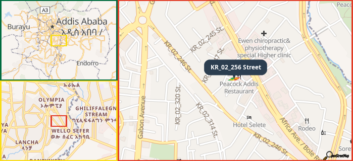 Map showing the address of KR_02_256 Street in three different zoom levels.