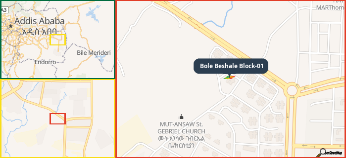 Map showing the address of Bole Beshale Block-01 in three different zoom levels.
