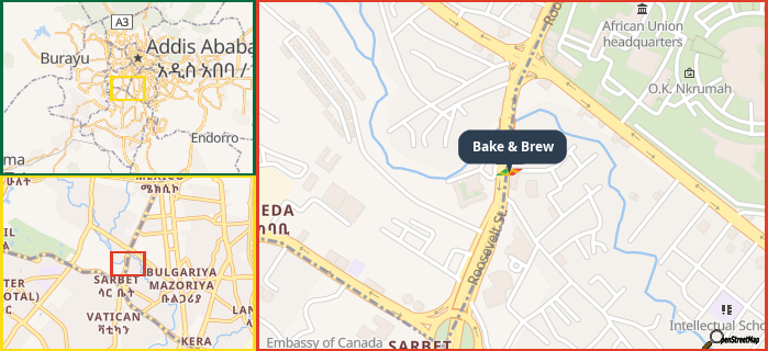 Map showing the address of Bake & Brew in three different zoom levels.