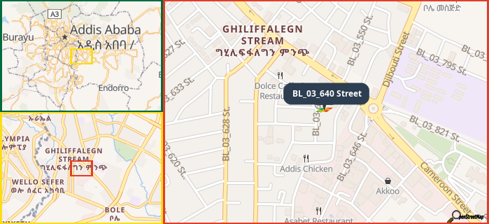 Map showing the address of BL_03_640 Street in three different zoom levels.