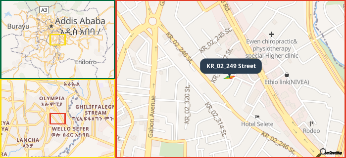 Map showing the address of KR_02_249 Street in three different zoom levels.