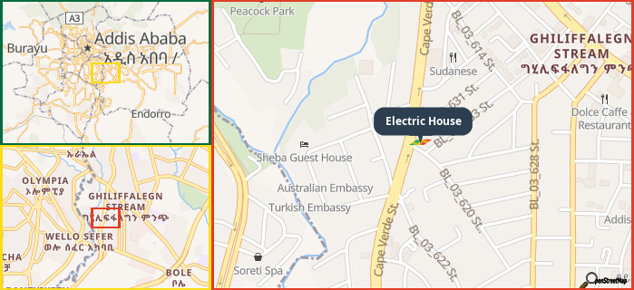 Map showing the address of Electric House in three different zoom levels.