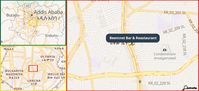 Map showing the address of Beemnet Bar & Reastaurant in three different zoom levels.