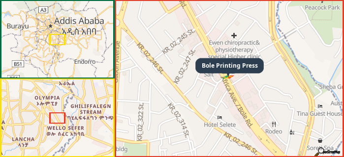 Map showing the address of Bole Printing Press in three different zoom levels.