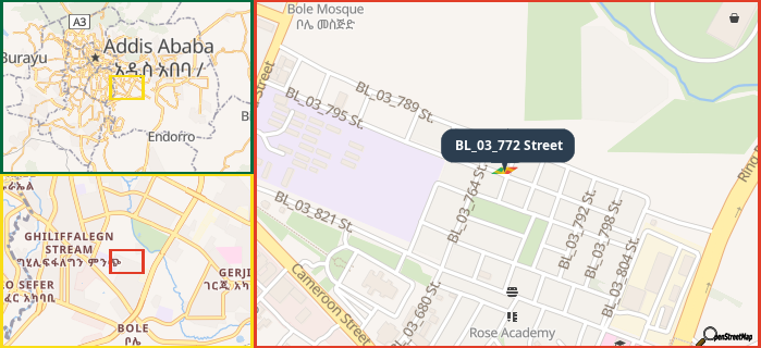 Map showing the address of BL_03_772 Street in three different zoom levels.