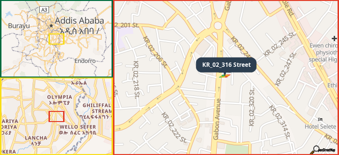 Map showing the address of KR_02_316 Street in three different zoom levels.