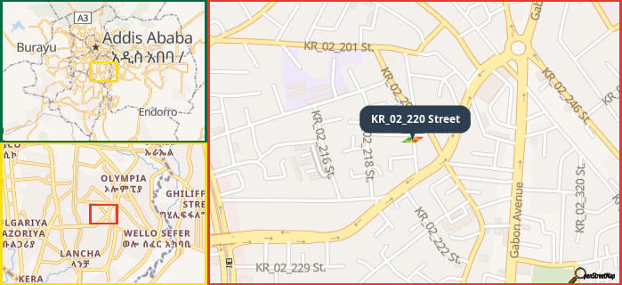 Map showing the address of KR_02_220 Street in three different zoom levels.