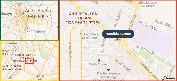Map showing the address of Namibia Avenue in three different zoom levels.