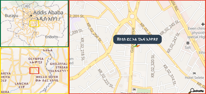Map showing the address of ጀስቲስ ፎር ኦል ፒኤፍ ኢትዮጵያ in three different zoom levels.