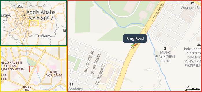 Map showing the address of Ring Road in three different zoom levels.