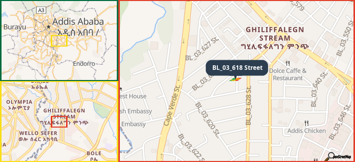 Map showing the address of BL_03_618 Street in three different zoom levels.