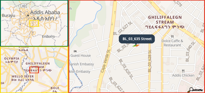 Map showing the address of BL_03_635 Street in three different zoom levels.