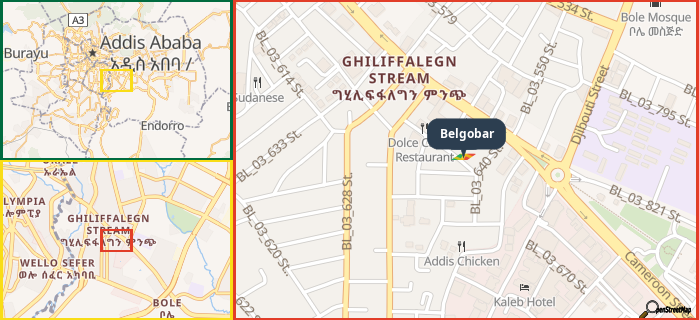 Map showing the address of Belgobar in three different zoom levels.