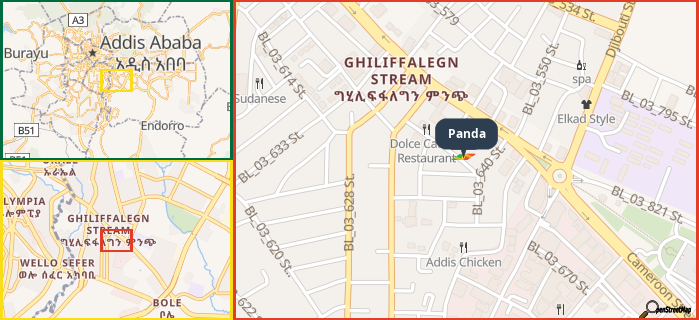 Map showing the address of Panda in three different zoom levels.
