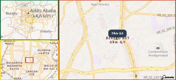 Map showing the address of በቅሎ ቤት in three different zoom levels.