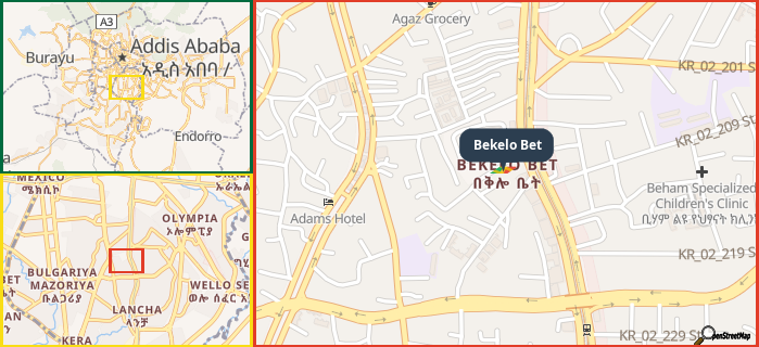 Map showing the address of Bekelo Bet in three different zoom levels.