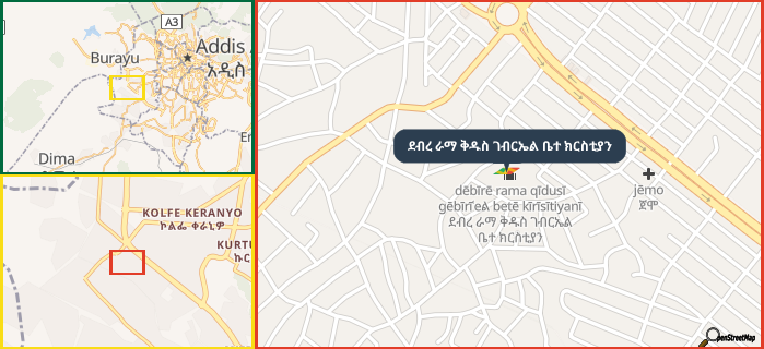 Map showing the address of ደብረ ራማ ቅዱስ ገብርኤል ቤተ ክርስቲያን in three different zoom levels.