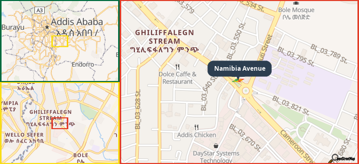 Map showing the address of Namibia Avenue in three different zoom levels.