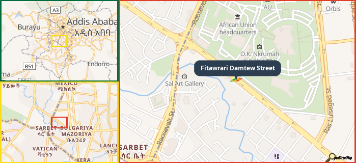 Map showing the address of Fitawrari Damtew Street in three different zoom levels.