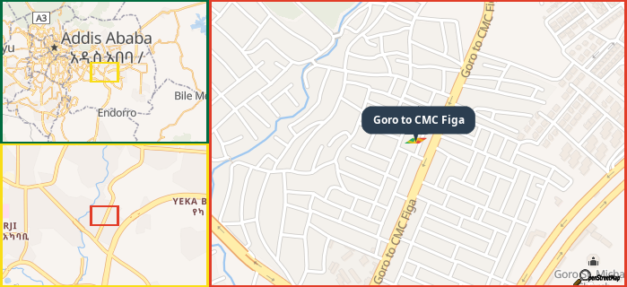 Map showing the address of Goro to CMC Figa in three different zoom levels.