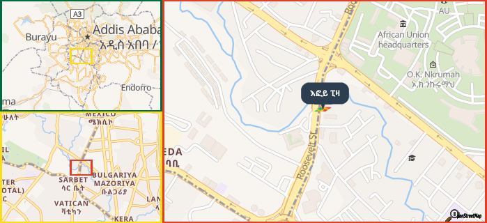 Map showing the address of እፎይ ፒዛ in three different zoom levels.